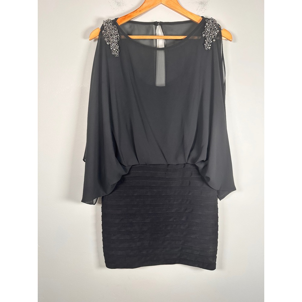 Cache Mini Dress Womens 8 Black Beaded Chiffon Vintage glam party glam date